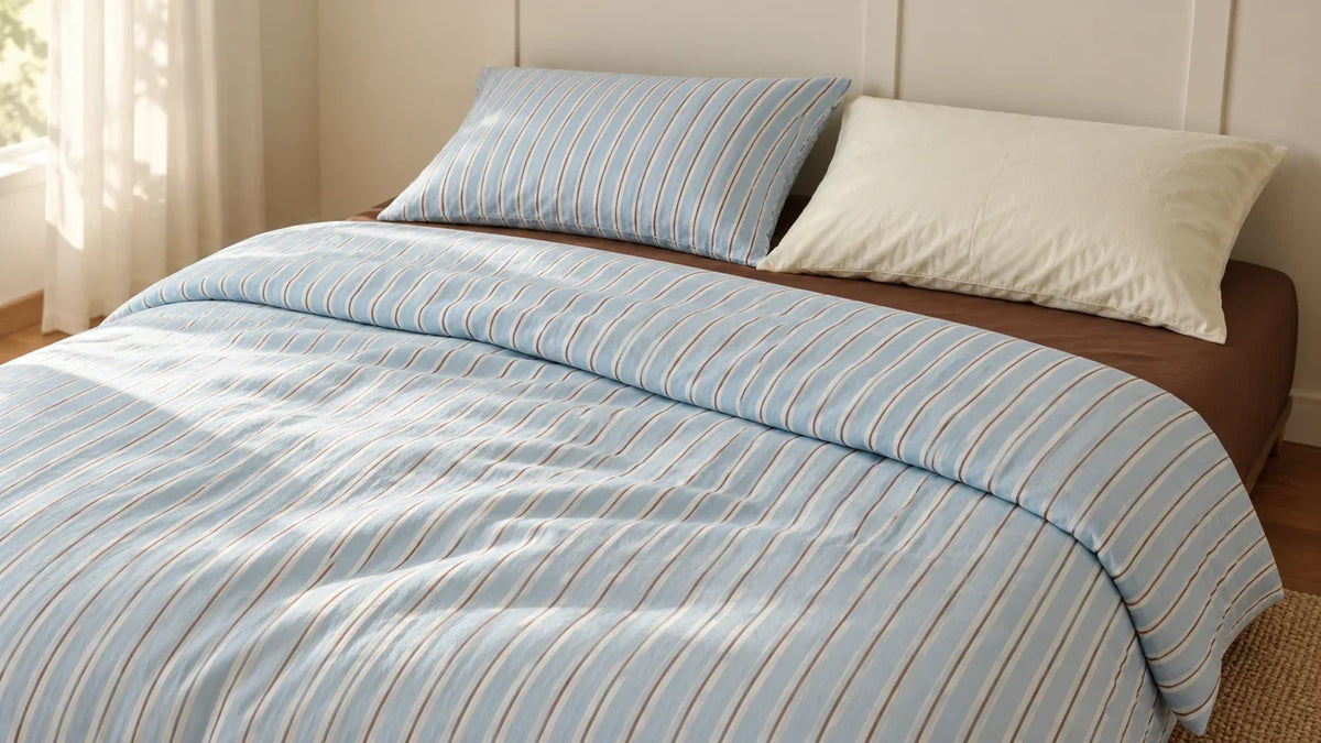 Sea Salt Cocoa blue striped duvet cover styled on a bed with striped and cream pillows