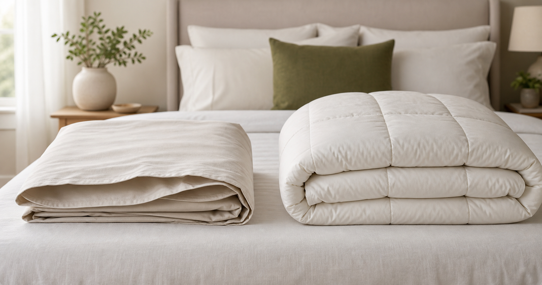 Folded duvet cover beside a filled comforter on a neutral bed