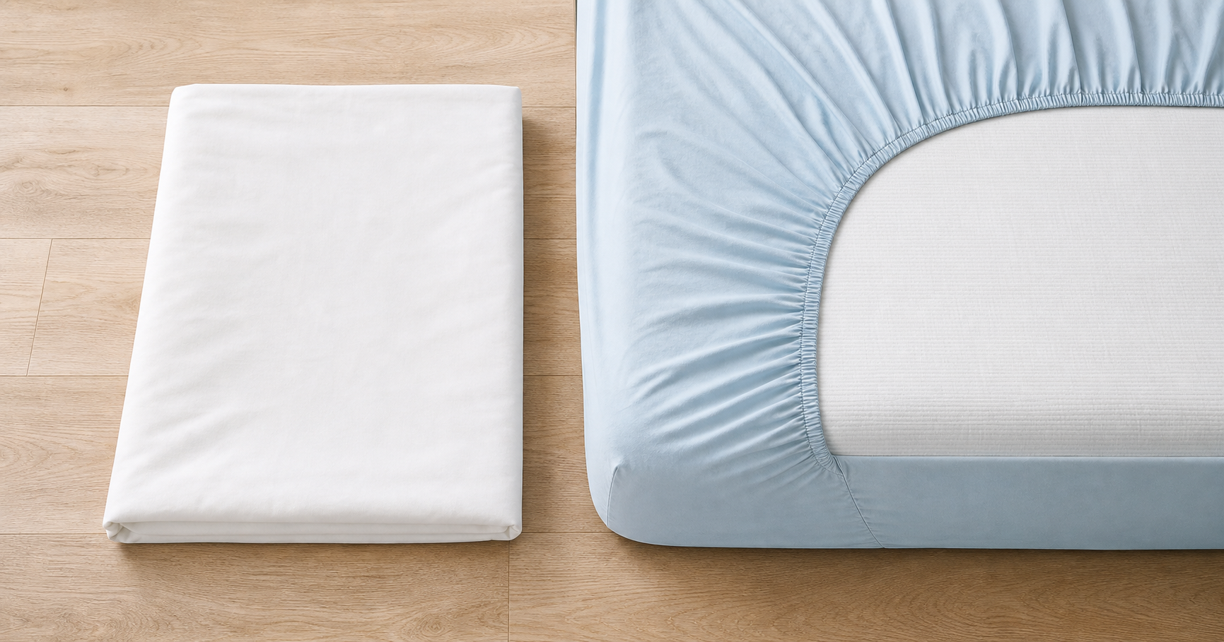 Flat cotton sheet beside a fitted sheet secured around a mattress corner
