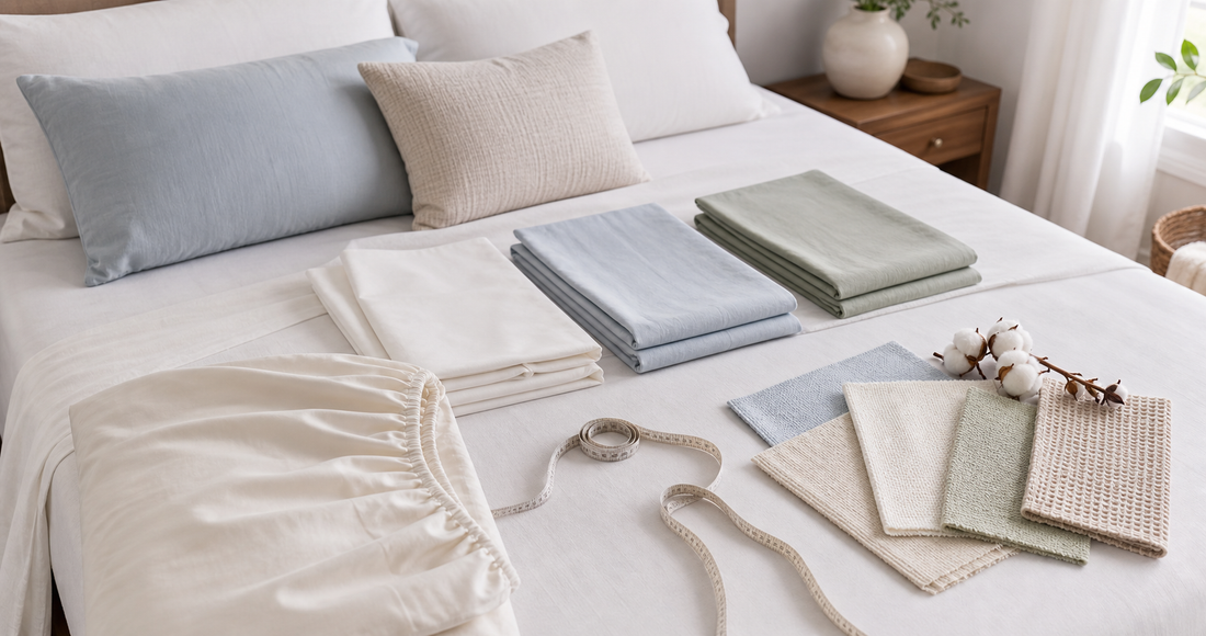 Bedding swatches, measuring tape and folded sheets on a made bed