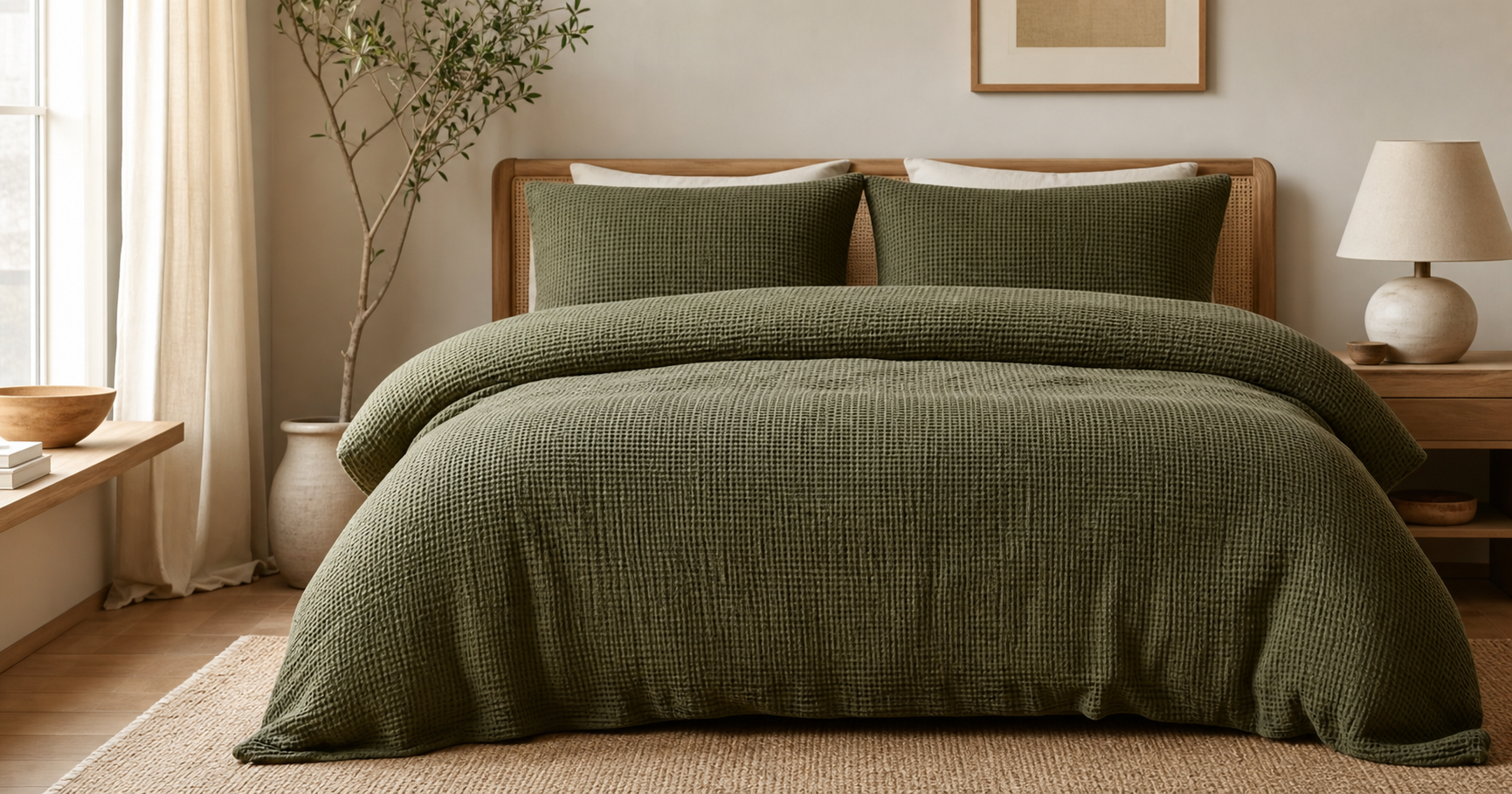 Olive green waffle weave cotton bedding styled in a modern bedroom