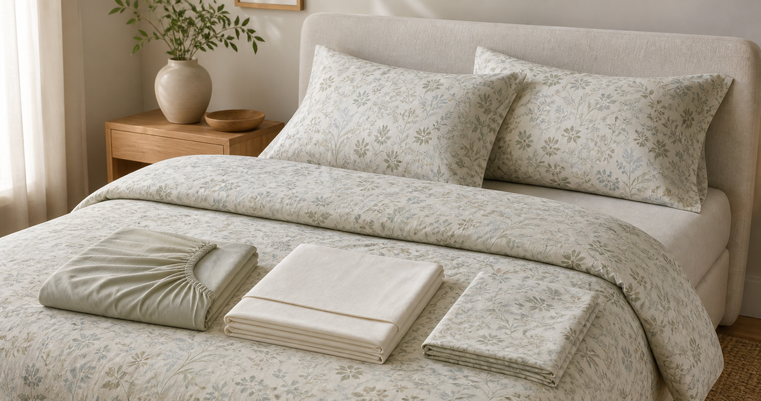 Coordinated bedding pieces arranged on a neutral bed