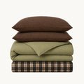 Stacked Thai Mango Lime washed bedding set in brown, green and plaid