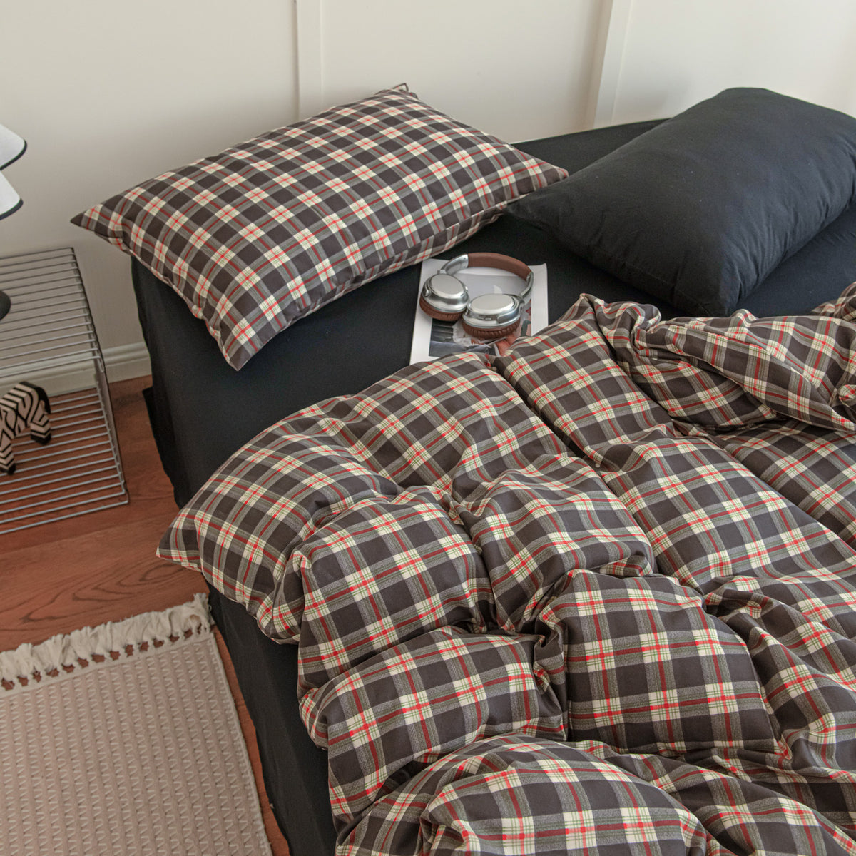 Retro Check brown plaid washed bedding set styled on a bed