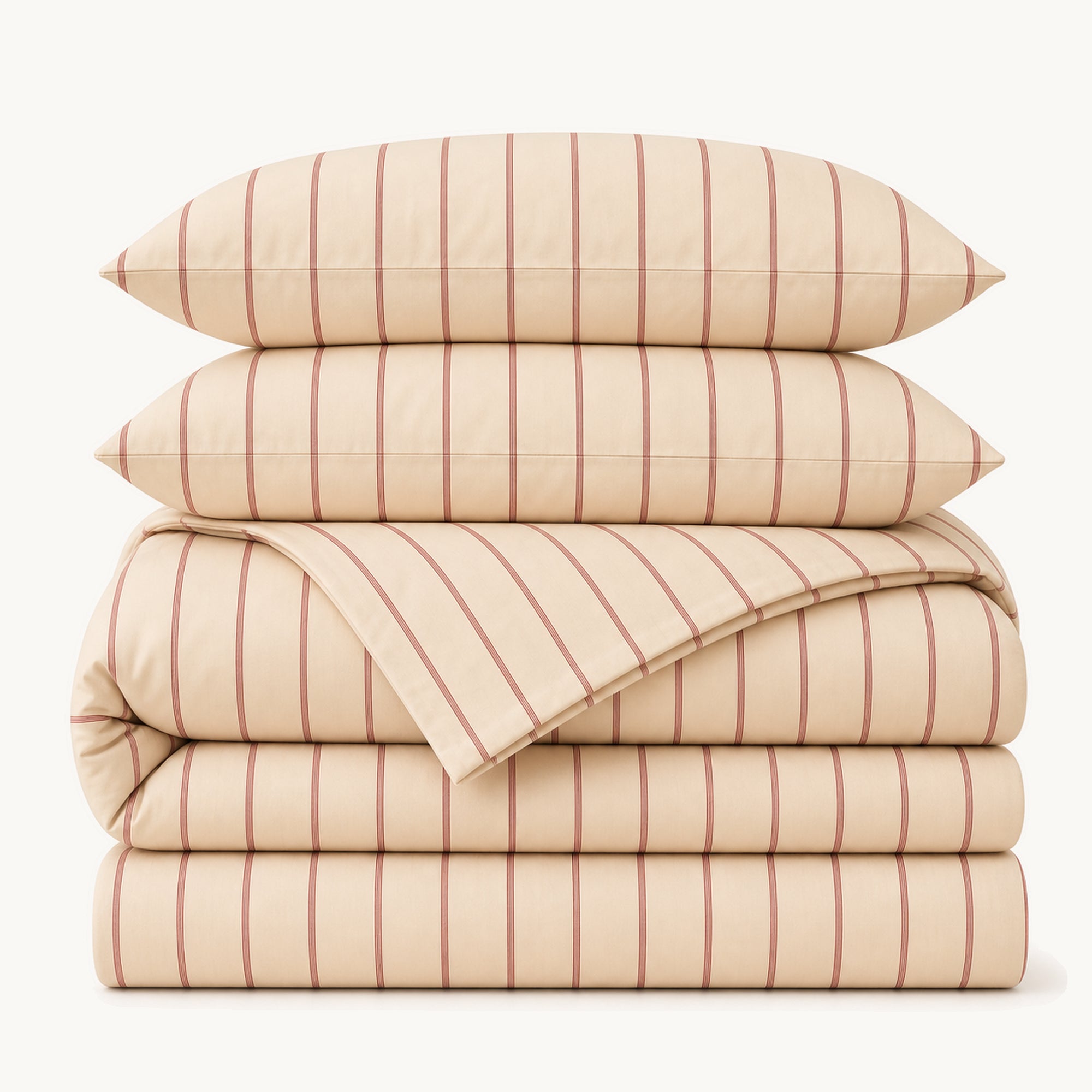 Stacked Beige Stripe cotton sateen bedding set on a warm off-white background